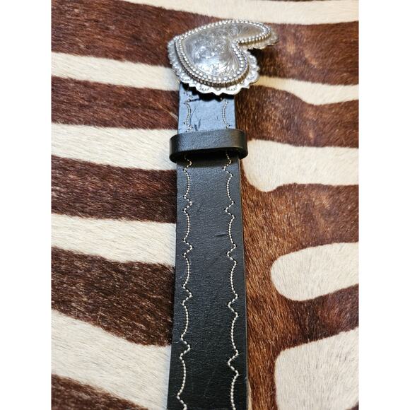 Vintage Brighton USA Heart Buckle Western Belt Silver Leather Black Sz L - Picture 3 of 6